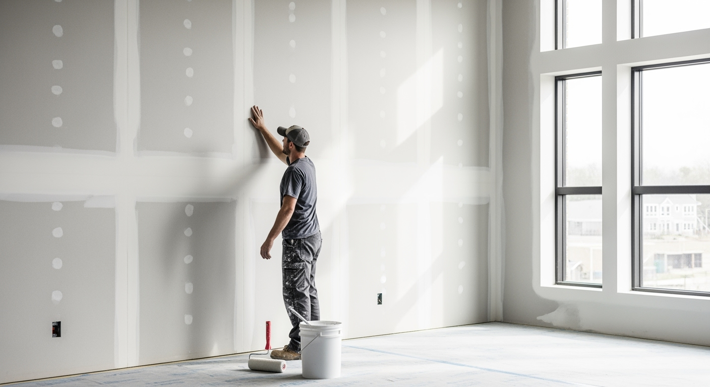 Professional interior photo of a finished smooth drywall wall, perfectly taped and mudded, worker inspecting surface with hand, painting roller and primer bucket visible on floor, natural daylight from window, shot with professional DSLR camera, high resolution, clean and bright