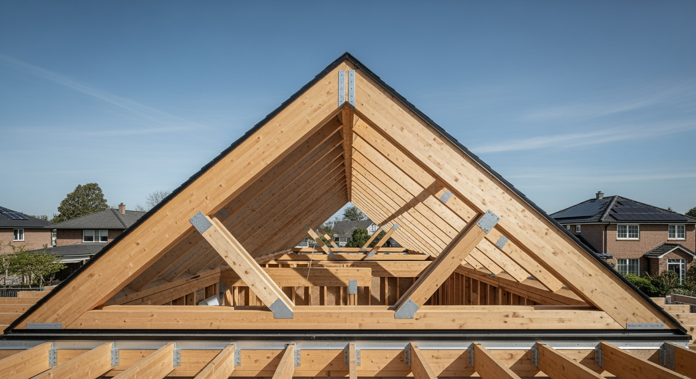 Wide angle professional photograph of completed modern residential roof structure from outside, showing clean lines and expert carpentry work, suburban setting, blue sky background, professional architectural photography, high resolution, sharp details