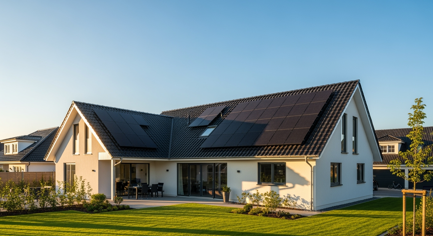 Professional photo of a completed modern residential house with new dark roof tiles, solar panels integrated, clear blue sky, well-maintained garden in foreground, architectural photography style, shot with high-end DSLR, golden hour lighting, high resolution