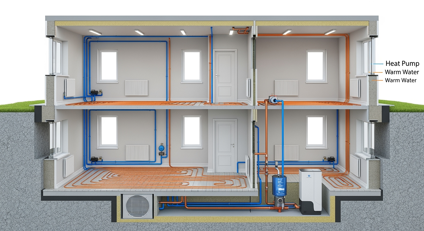 Professional infographic-style photo showing a modern home cross-section with visible heat pump system, pipes, and radiators, technical illustration with realistic 3D rendering, bright clean lighting, high-resolution architectural visualization, detailed technical accuracy