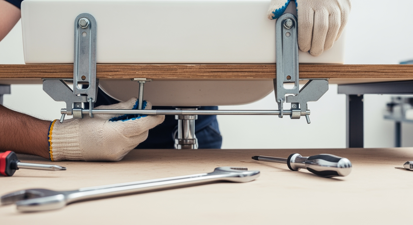 Professional instructional photo showing bathroom sink installation from below, metal mounting brackets visible, hands securing washbasin to countertop, clean white sink basin, tools on workbench, well-lit workshop environment, shot with DSLR camera, high resolution, detailed installation guide perspective