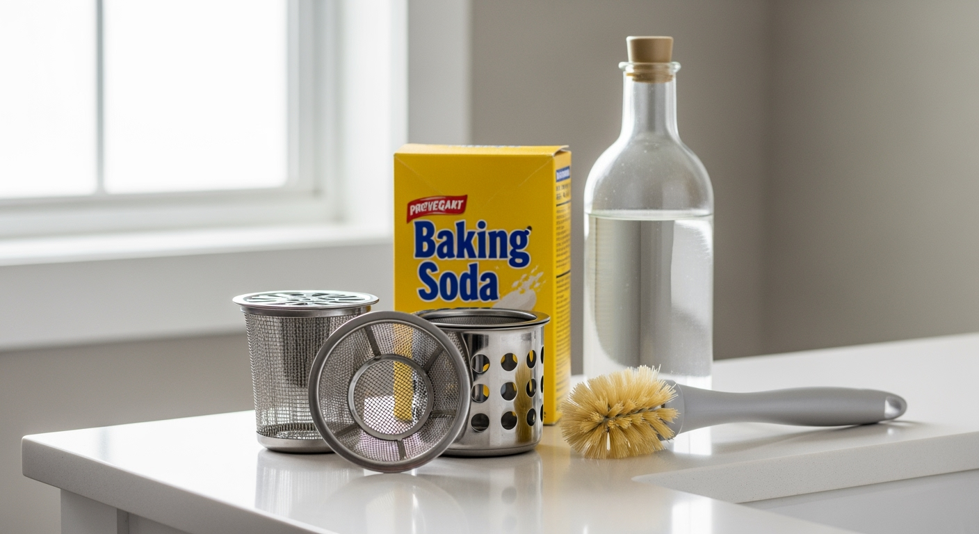 Professional photograph of preventive drain care items arranged neatly on bathroom counter including hair catcher, drain sieve, baking soda box, vinegar bottle and cleaning tools, bright natural lighting, shot with DSLR camera, high resolution, clean and organized composition