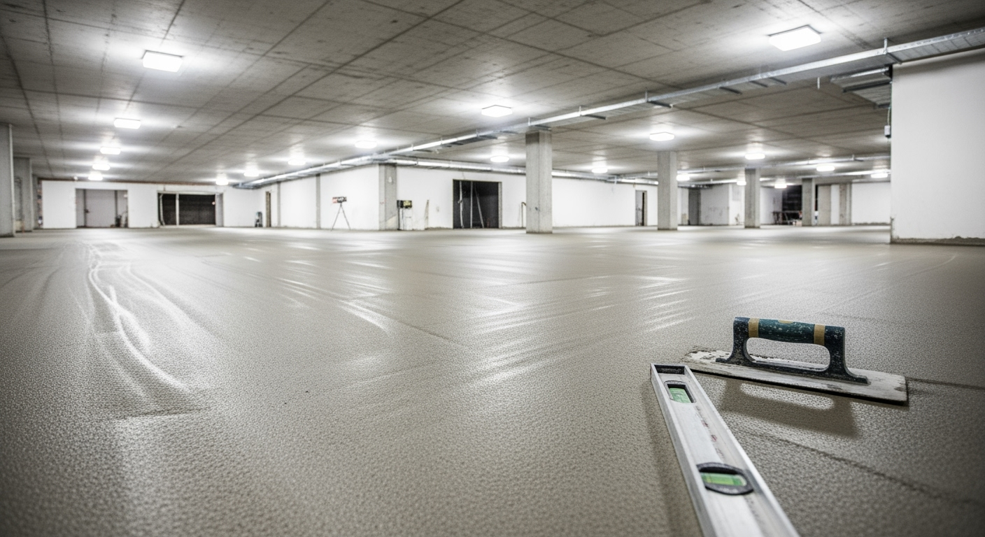 Professional construction photo showing freshly poured and smoothed screed floor surface with visible smoothing marks, construction worker's tools including trowel and level bar in corner, bright indoor construction site lighting, shot with professional DSLR camera, high resolution, realistic construction documentation style