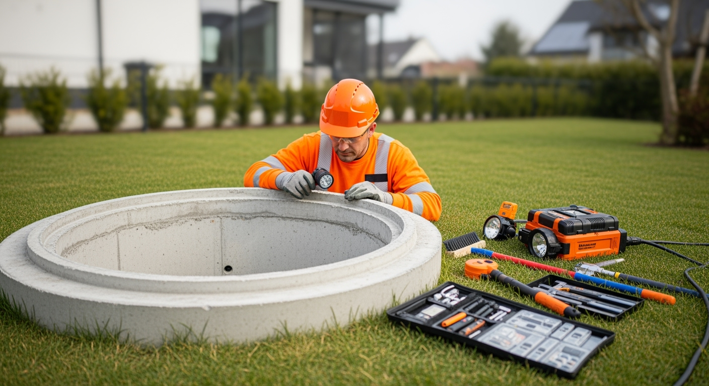 Professional maintenance photograph showing a worker in protective gear inspecting an open infiltration shaft from above, looking down into the concrete ring structure, inspection tools and cleaning equipment visible, outdoor setting with residential building in background, natural daylight, documentary photography style, DSLR camera, high resolution