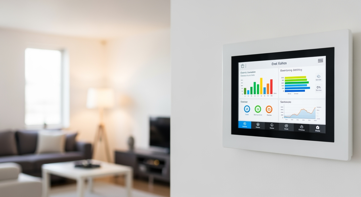 Modern smart home control panel on wall showing electrical consumption data, contemporary interior design, professional indoor photography, bright ambient lighting, high-resolution, technological focus