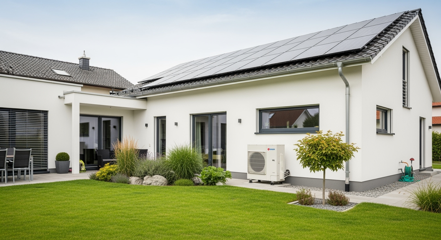 Professional photo of modern family home with visible heat pump unit in garden, well-insulated facade, solar panels on roof, landscaped garden, bright daylight, architectural photography style, shot with professional camera, high resolution, realistic colors