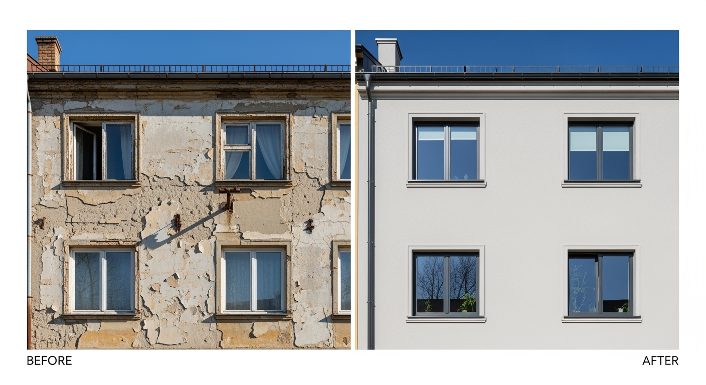 Detailed before and after comparison photo of renovated old building exterior, left side showing weathered facade with old windows, right side showing beautifully restored facade with new insulation and modern windows, professional architectural photography, bright daylight, high resolution DSLR shot