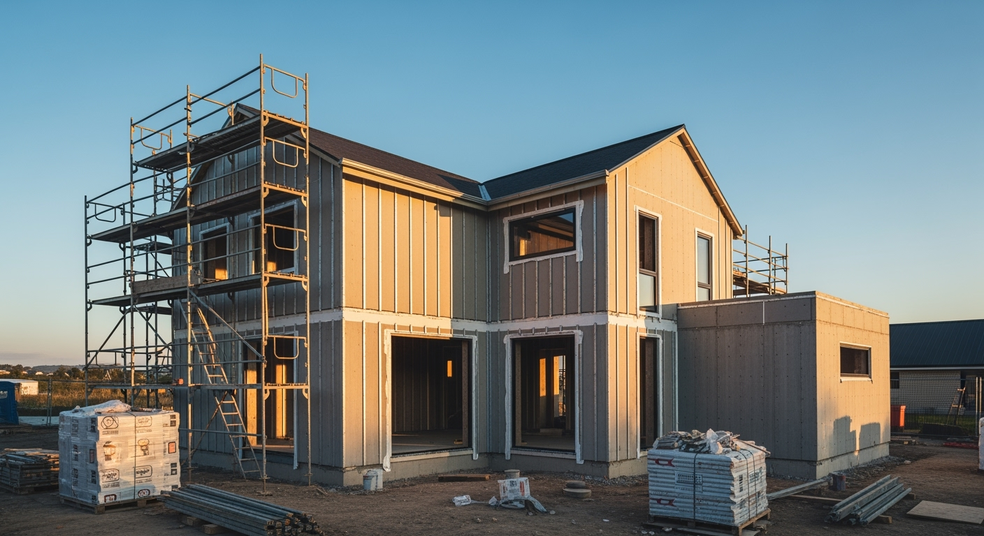 Modern newly built house exterior with visible construction details, scaffolding partially visible, clear blue sky, construction site surroundings, professional architectural photography, DSLR camera, golden hour lighting, high resolution