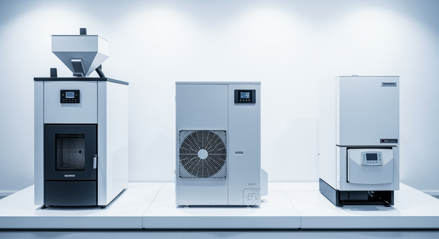 Professional comparison photograph showing three modern heating systems side by side in a showroom setting, pellet boiler, heat pump and gas boiler, clean industrial environment, even studio lighting, technical documentation style, shot with professional camera, high detail, high resolution