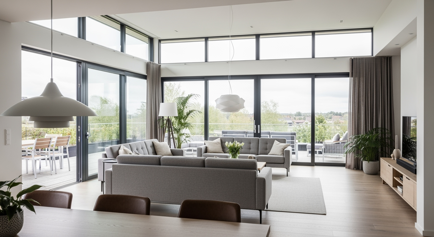 Professional interior photograph of a modern bungalow living room, open floor plan with large sliding glass doors to terrace, contemporary furniture, bright and spacious, natural daylight flooding in, minimalist scandinavian design, shot with full-frame DSLR camera, interior architecture photography, high resolution, realistic rendering