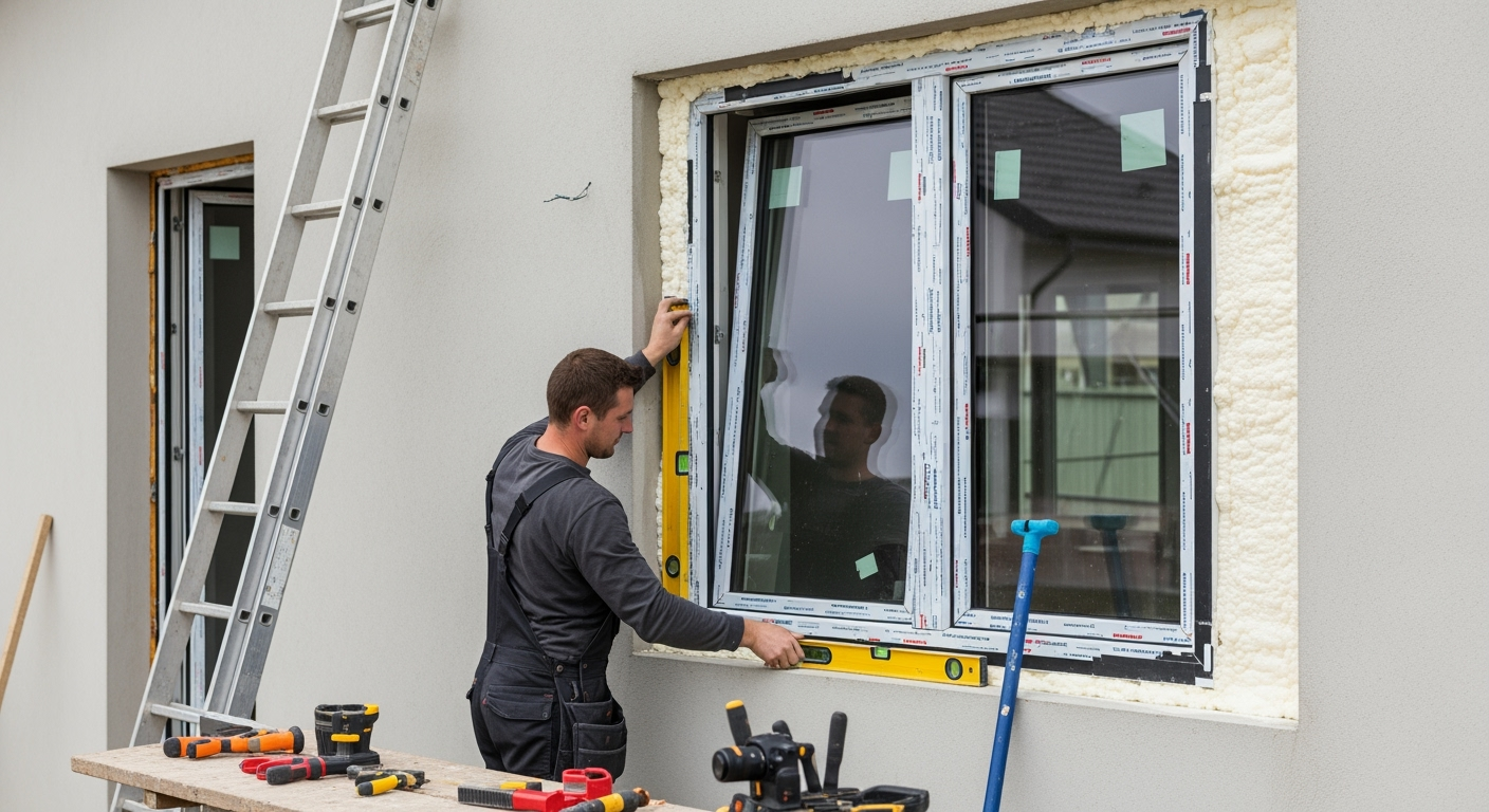 Professional craftsmen installing modern triple-glazed window in renovated house exterior wall, worker in work clothes using level tool, insulation foam visible around window frame, construction site setting with ladder and tools, natural daylight photography, DSLR camera, high resolution, realistic construction documentation style