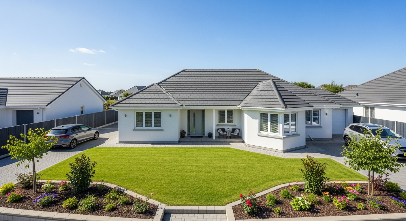 Aerial drone photograph of a modern single-story bungalow with white facade and grey roof, surrounded by landscaped garden, sunny day, professional real estate photography, natural lighting, high resolution, architectural exterior shot, realistic colors
