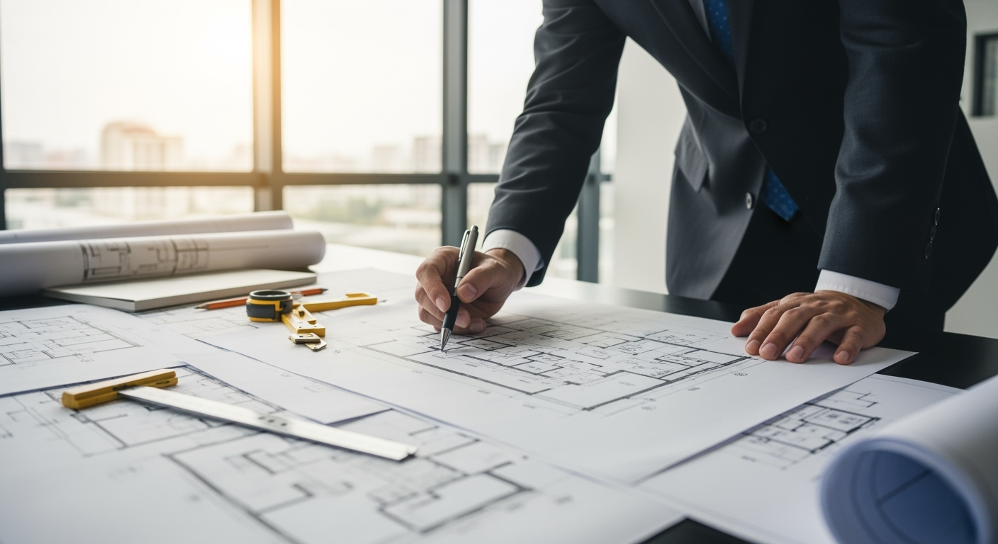 Professional architect reviewing printed floor plans and blueprints on large desk, pen in hand making annotations, T-square and measuring tools visible, office environment with natural daylight from large windows, shot with professional camera, realistic business photography, high detail