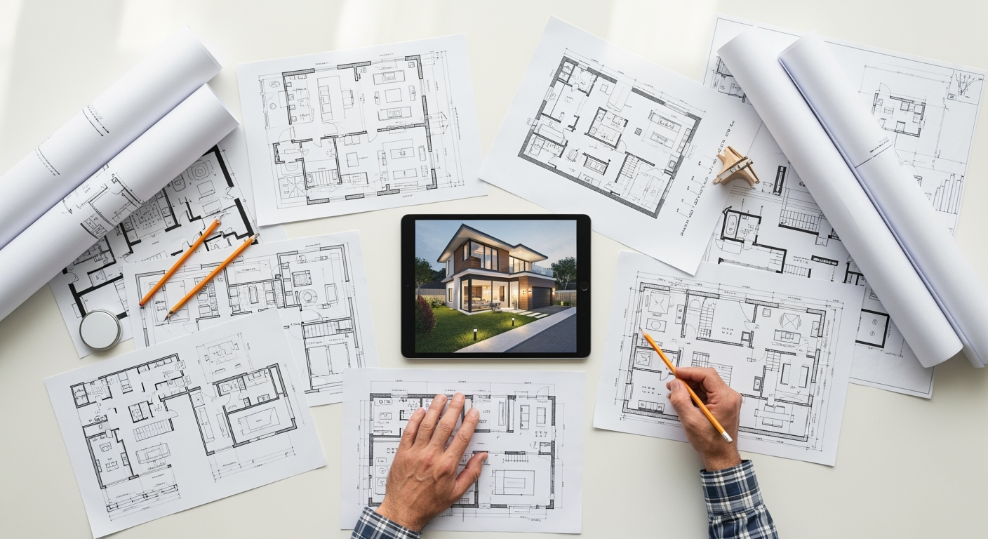 Top view flat lay of architectural planning process, multiple floor plan sketches and variations spread out, tablet showing 3D house rendering, architect's hands pointing at plans, professional office lighting, overhead shot, DSLR camera, ultra-detailed, realistic materials and textures