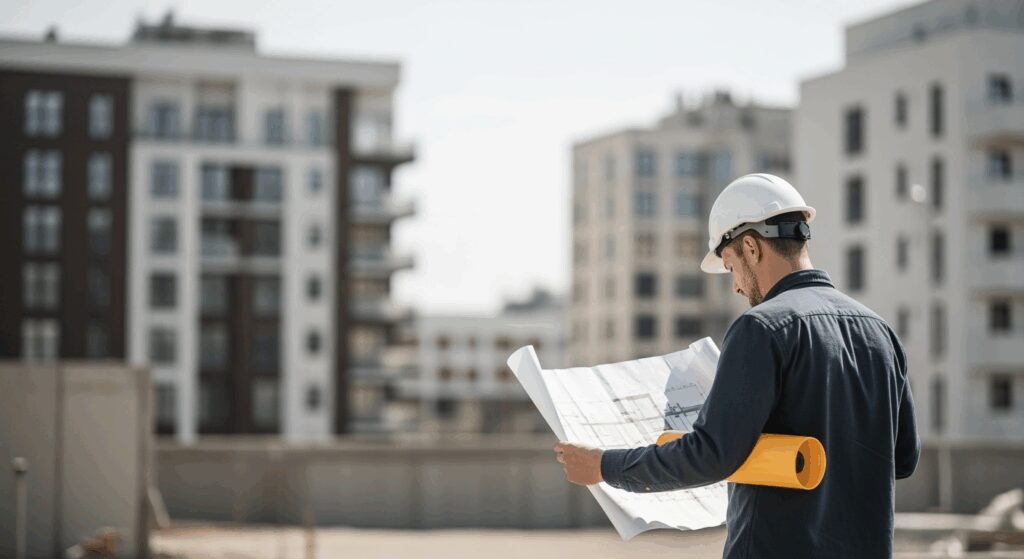 A professional high-resolution photo showing a construction worker or architect in safety helmet reviewing building plans at a modern construction site, natural daylight, shallow depth of field with blurred residential buildings in background, clean minimalistic composition, neutral colors with soft grading, editorial photography style, shot with DSLR camera 50mm lens, horizontal landscape format 16:9, plenty of negative space on sides, premium magazine aesthetic