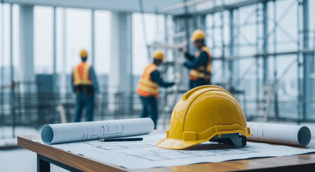Professional high-resolution photo showing a modern construction site with building framework and scaffolding, architectural blueprints and safety helmet on wooden desk in foreground, construction workers in background slightly blurred, natural daylight, shallow depth of field, clean minimalistic composition with negative space, soft color grading with blue and grey tones, editorial photography style for premium magazine, shot with DSLR camera 50mm lens, 16:9 landscape format, horizontal composition