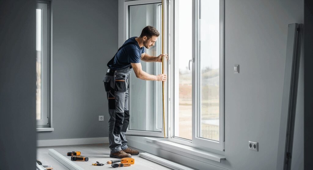 A professional high-resolution photo showing a skilled craftsman installing a modern white window frame in a bright residential room, construction worker wearing work clothes measuring new energy-efficient window, natural daylight streaming through, tools and window materials visible on clean floor, shallow depth of field focusing on window installation, neutral gray and white interior walls, clean minimalistic aesthetic, editorial photography style for premium home improvement magazine, soft color grading with natural tones, shot with DSLR camera 50mm lens, landscape format 16:9, horizontal composition with negative space on sides