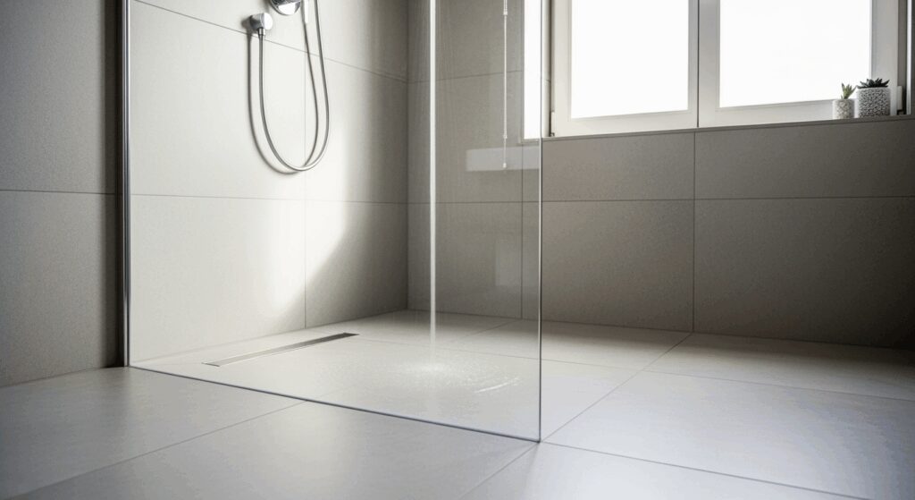 A professional high-resolution photo showing a modern bodengleiche Dusche in an elegant bathroom, sleek walk-in shower with glass partition and large format tiles, water gently flowing on minimalist drain, soft natural daylight from window, shallow depth of field, clean Scandinavian design aesthetic, neutral grey and white color palette, premium editorial photography style, shot with DSLR camera 50mm lens, horizontal composition with negative space, 16:9 landscape format