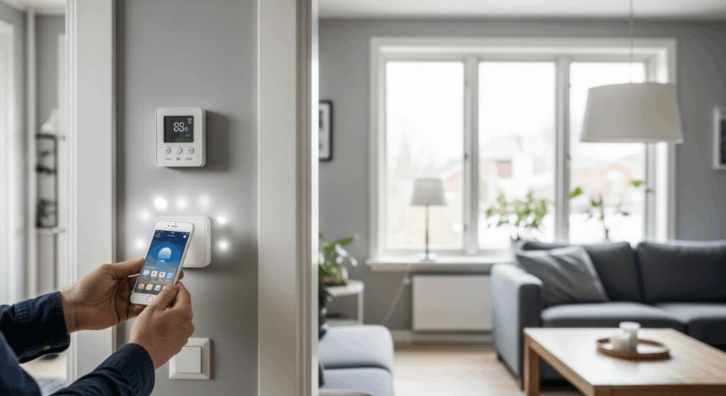 A professional high-resolution photo showing a modern living room with smart home devices being installed, smartphone controlling smart lighting and thermostat on wall, technician hands adjusting smart home hub, clean Scandinavian interior design, natural window lighting, shallow depth of field, neutral grey and white tones, minimalistic aesthetic, editorial photography style for premium magazine, shot with DSLR camera 50mm lens, 16:9 landscape format, horizontal composition with negative space