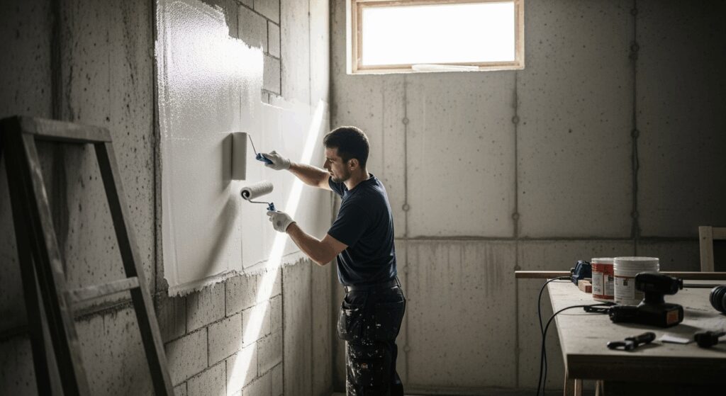 A professional high-resolution photo showing a basement wall being waterproofed from inside, worker applying white waterproof coating with roller on grey concrete wall, visible moisture protection layer, professional craftsmanship, natural lighting from basement window, shallow depth of field, clean workshop environment, construction tools nearby, editorial photography style for premium magazine, soft color grading, shot with DSLR camera 50mm lens, horizontal landscape composition 16:9 aspect ratio, negative space on right side, neutral tones with focus on white sealant material