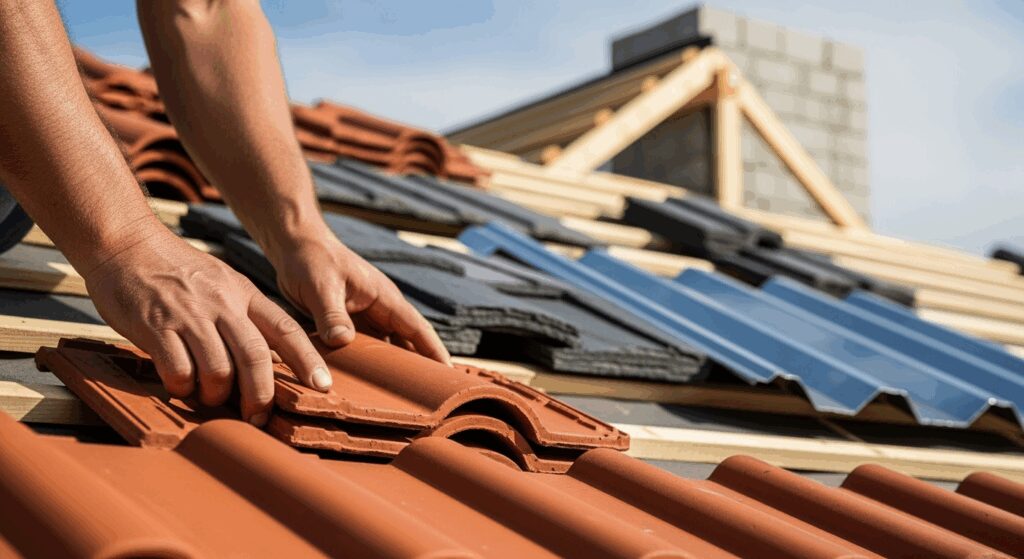 A professional high-resolution photo showing a skilled roofer installing clay roof tiles on a modern house roof, close-up view of hands placing red terracotta shingles, various roofing materials visible including slate and metal sheets, natural daylight, shallow depth of field with blurred background showing house structure, editorial photography style for premium construction magazine, neutral color palette with warm tones, shot with DSLR camera 50mm lens, clean composition with negative space on sides, horizontal landscape format 16:9, professional craftsmanship detail