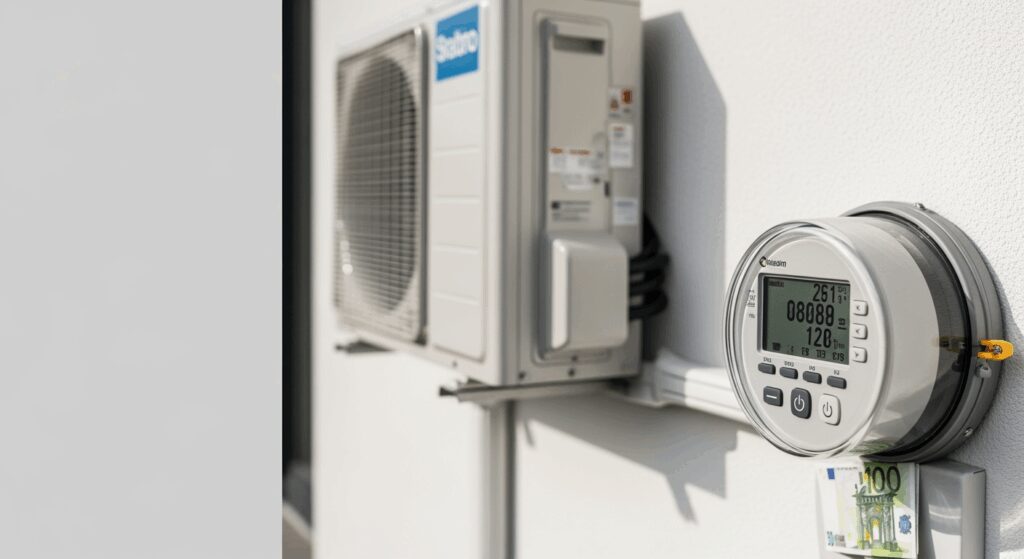 A professional high-resolution photo showing a modern heat pump unit mounted on exterior wall of contemporary house, digital electricity meter displaying consumption data in foreground, euro banknotes subtly placed nearby, natural daylight, shallow depth of field, clean minimalistic composition, neutral grey and white tones, soft color grading, shot with DSLR camera 50mm lens, editorial magazine style, landscape format 16:9, negative space on sides, sharp focus on meter and heat pump