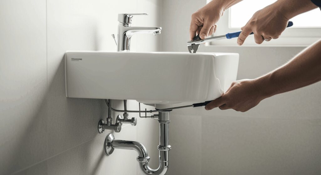 A professional high-resolution photo showing a modern white ceramic washbasin being installed on a bathroom wall, close-up view of hands using professional tools during mounting process, chrome faucet and clean plumbing pipes visible, natural daylight from window, shallow depth of field, neutral grey-white bathroom background, minimalistic clean aesthetic, soft color grading, shot with DSLR camera 50mm lens, editorial photography style for premium magazine, horizontal landscape composition 16:9 format with negative space
