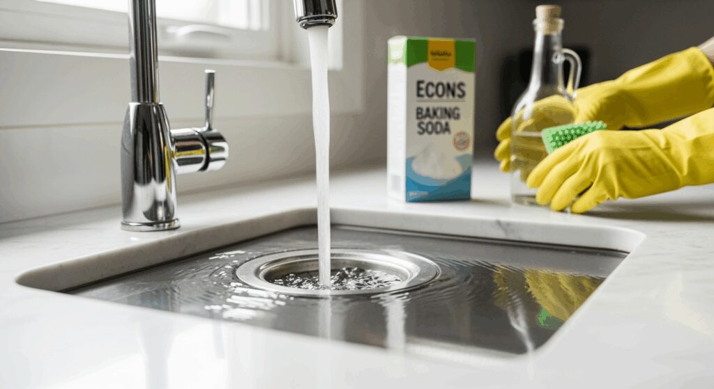 A professional high-resolution photo showing a clean kitchen sink drain with water flowing smoothly, close-up view of chrome sink fixture, natural window lighting, shallow depth of field, hands wearing yellow rubber gloves holding eco-friendly cleaning tools like baking soda box and vinegar bottle on marble countertop, editorial photography style for premium home magazine, neutral white and grey tones, soft color grading, shot with DSLR camera 50mm lens, clean minimalistic composition with negative space, horizontal landscape format 16:9, modern kitchen background slightly blurred