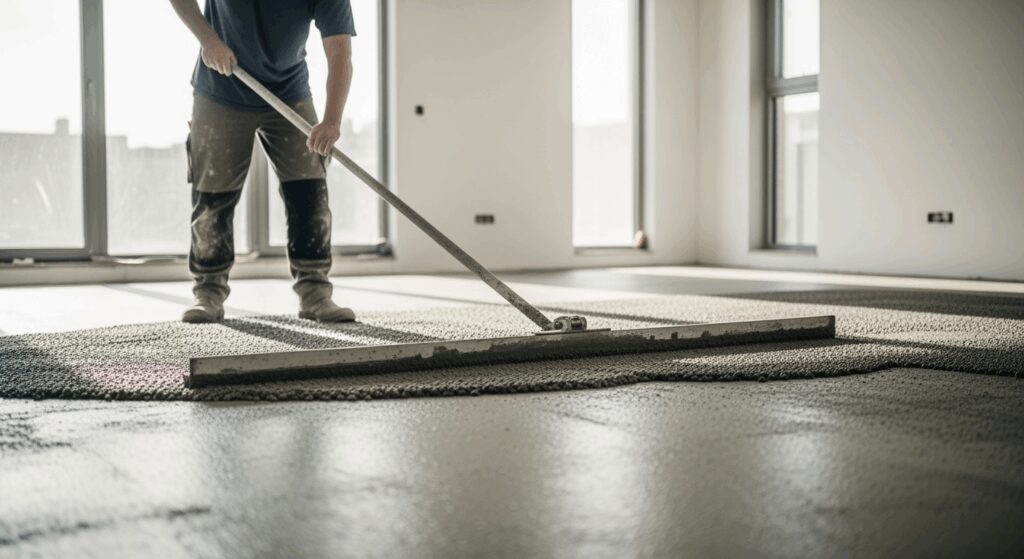 A professional high-resolution photo showing a construction worker smoothly spreading fresh gray screed flooring with a long leveling tool in a bright modern room under construction, natural daylight from windows, shallow depth of field with focus on the wet screed surface texture, clean minimalistic composition with copy space, neutral colors with soft grading, editorial photography style for premium home improvement magazine, shot with DSLR camera 50mm lens, 16:9 landscape format, horizontal composition
