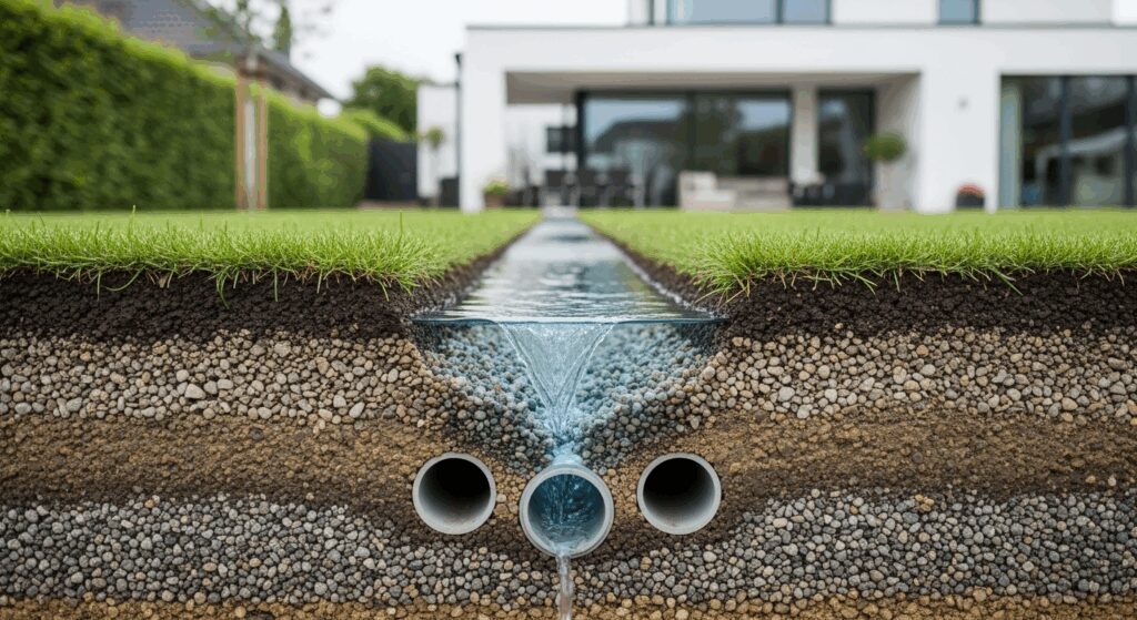 A professional high-resolution photo showing a cross-section view of a modern rainwater infiltration system in a residential garden, visible soakaway shaft with gravel layers and perforated drainage pipes, rainwater flowing into underground structure, natural daylight, shallow depth of field focusing on the technical components, clean minimalistic composition with green lawn and modern house in soft background, editorial photography style for premium magazine, neutral color grading with emphasis on natural earth tones, shot with DSLR camera 50mm lens, landscape format 16:9, horizontal composition with negative space on sides