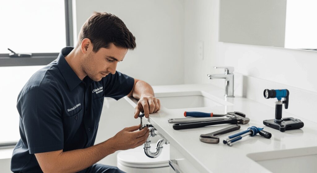 A professional high-resolution photo showing a trustworthy plumber in clean uniform examining a modern bathroom sink, professional tools neatly arranged on counter, reassuring and competent atmosphere, natural window lighting, shallow depth of field, clean white bathroom background, minimalistic aesthetic, editorial photography style for premium magazine, soft color grading, shot with DSLR camera 50mm lens, horizontal composition 16:9 format, negative space on right side, focus on professionalism and reliability