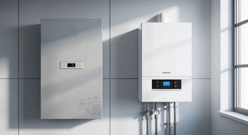 A professional high-resolution photo showing a modern heat pump unit and gas boiler side by side in a clean minimalistic setting, metallic surfaces with technical details visible, soft natural lighting from the side, shallow depth of field with blurred background, neutral white and gray tones, editorial photography style for premium magazine, shot with DSLR camera 50mm lens, horizontal composition 16:9 format, plenty of negative space, clean and professional look for energy comparison article
