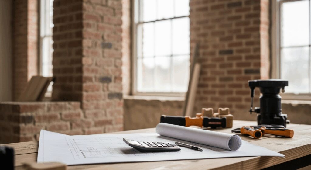 A professional high-resolution photo showing a partially renovated traditional old building interior with exposed brick walls, construction plans and calculator on wooden table, craftsman tools in soft focus, natural daylight streaming through tall windows, shallow depth of field, neutral color palette with warm earth tones, editorial photography style for premium magazine, shot with DSLR camera 50mm lens, clean minimalistic composition with negative space, landscape format 16:9, horizontal framing