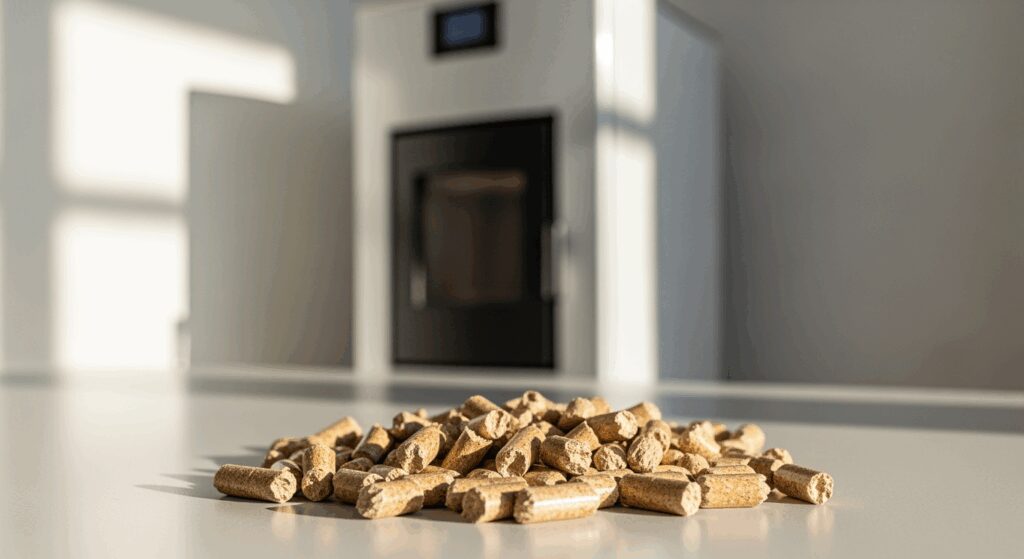 A professional high-resolution photo showing modern wood pellets in focus with a contemporary pellet heating system boiler in soft background blur, warm natural lighting, shallow depth of field, clean minimalistic composition with negative space, neutral white and grey tones, editorial photography style for premium home magazine, shot with DSLR camera 50mm lens, 16:9 landscape format, horizontal composition