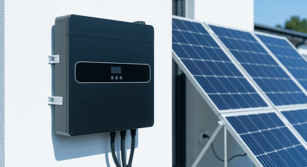 A professional high-resolution photo showing a modern solar battery storage system mounted on a clean white wall next to solar panels, sleek black rectangular design with digital display, bright natural daylight, shallow depth of field, minimalistic contemporary home setting, soft color grading with blue and white tones, shot with DSLR camera 50mm lens, editorial photography style for premium magazine, clean composition with negative space, landscape format 16:9, horizontal composition