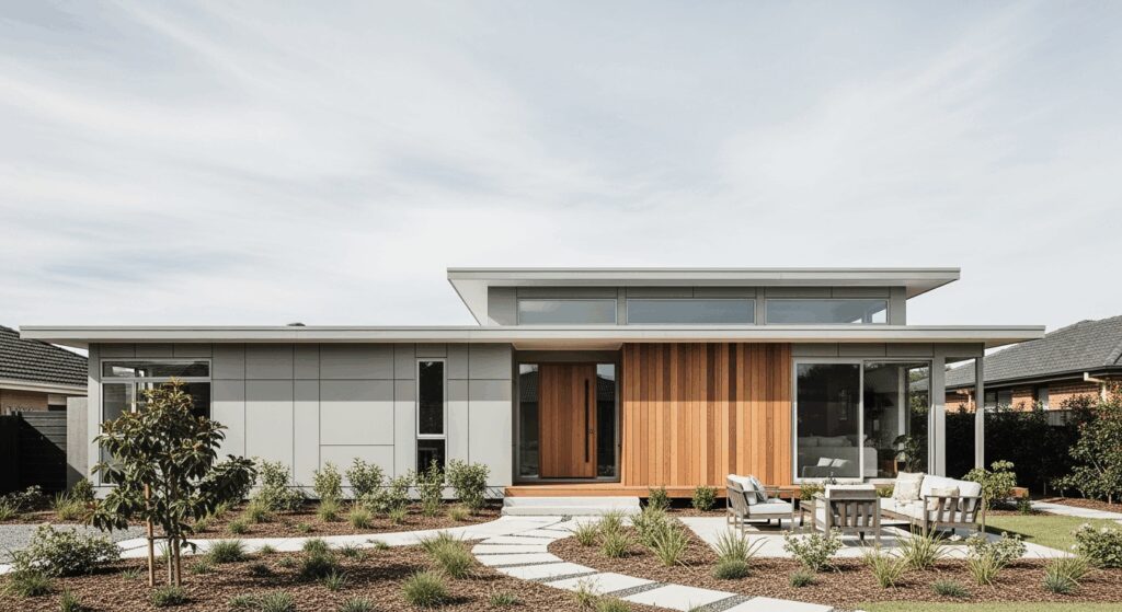 A professional high-resolution photo showing a modern single-story bungalow prefab house with clean architectural lines, attractive landscaped garden in foreground, bright natural daylight, shallow depth of field focusing on the house facade, editorial photography style for premium real estate magazine, neutral tones with warm accents, shot with DSLR camera 50mm lens, horizontal landscape composition 16:9 format, minimalistic clean aesthetic with negative space in sky area, soft color grading, contemporary prefabricated home design