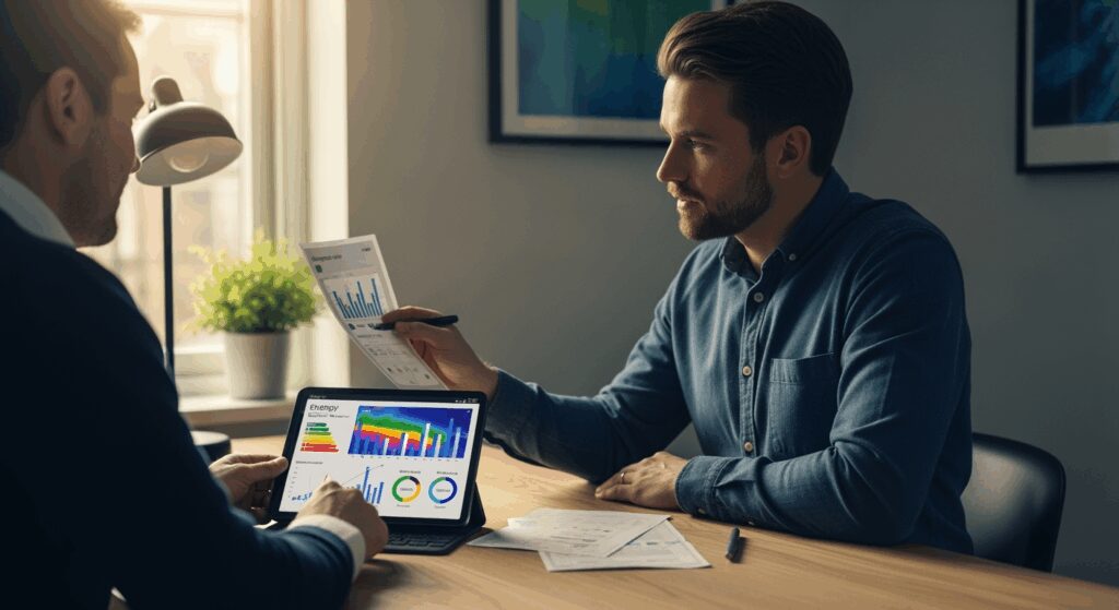 A professional high-resolution photo showing a modern energy consultant analyzing a thermal imaging report with a homeowner at a clean wooden desk, digital tablet displaying energy efficiency graphs and cost savings charts, warm natural window lighting from the side, shallow depth of field with blurred background, minimalistic Scandinavian interior setting, soft muted color grading with blue and green accents, shot with DSLR camera 50mm lens, editorial photography style for premium magazine, horizontal landscape composition 16:9 aspect ratio, negative space on right side, clean and professional aesthetic