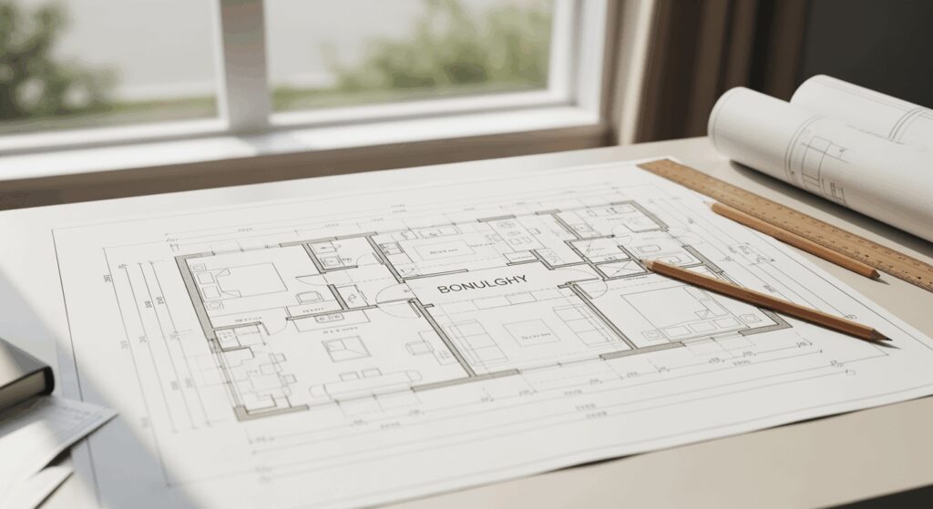 A professional high-resolution photo showing a modern bungalow floor plan blueprint on a clean minimalist desk, architectural drawings with precise lines and measurements, natural daylight from window, shallow depth of field, neutral beige and white tones, wooden pencils and ruler as subtle props, soft color grading, shot with DSLR camera 50mm lens, editorial photography style for premium magazine, clean composition with negative space, horizontal landscape format 16:9, top-down perspective