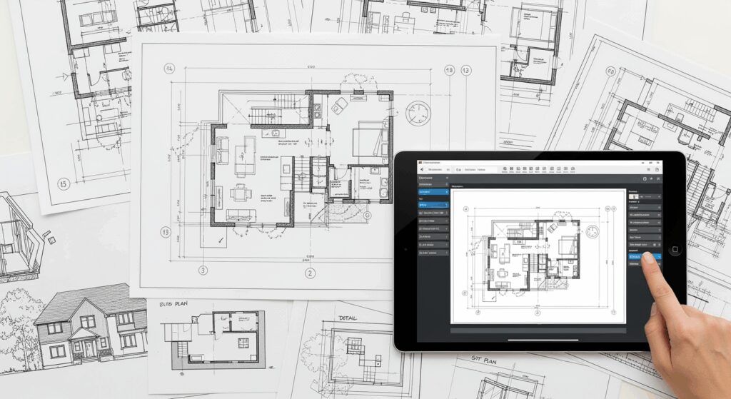 A professional high-resolution photo showing architectural floor plans and blueprints spread on a bright white desk, modern house layout drawings with clean lines, digital tablet displaying floor plan software, architect tools like pencils and ruler nearby, soft natural window lighting from the side, shallow depth of field, minimalistic workspace aesthetic, neutral white and grey tones, clean composition with negative space, shot with DSLR camera 50mm lens, editorial photography style for premium magazine, landscape format 16:9, horizontal composition