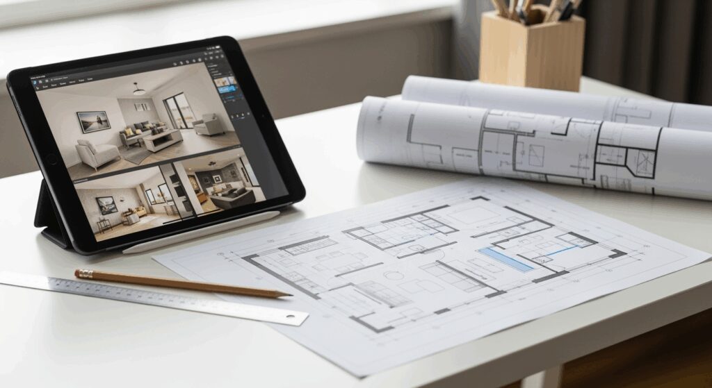 A professional high-resolution photo showing a modern architectural floor plan drawing on a white desk with a digital tablet displaying home design software, ruler and pencil nearby, soft natural window lighting from the side, shallow depth of field with blurred background, clean minimalistic workspace, neutral colors with subtle blue accents, editorial photography style, shot with DSLR camera 50mm lens, horizontal landscape composition 16:9 format, premium magazine aesthetic with negative space