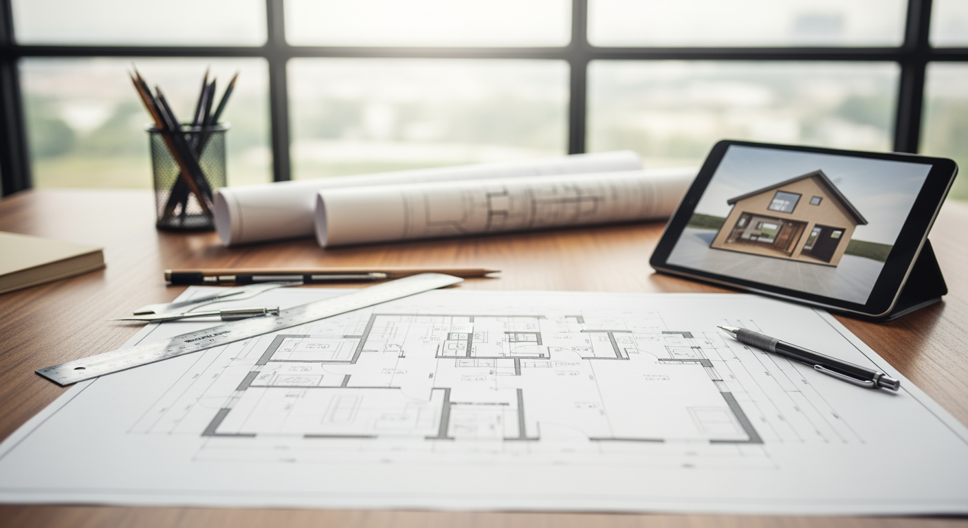 Professional architectural floor plan display on modern desk with tablet showing 3D house visualization, architect's tools including ruler and pencils, bright natural daylight from window, shot with DSLR camera, high resolution, realistic professional photography