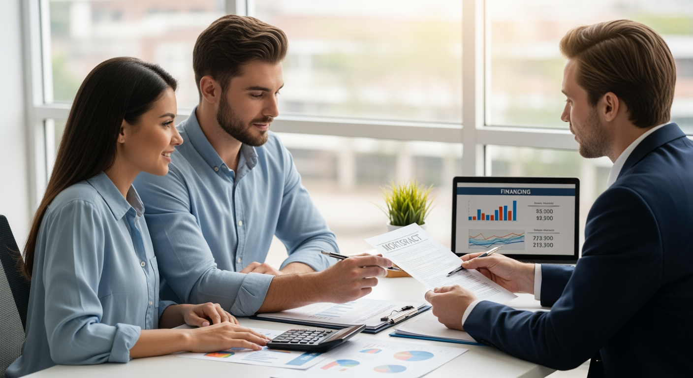 Professional financial planning scene with couple and mortgage advisor reviewing documents at modern office desk, calculator and charts visible, natural window lighting, shot with Canon EOS camera, high resolution, realistic business photography