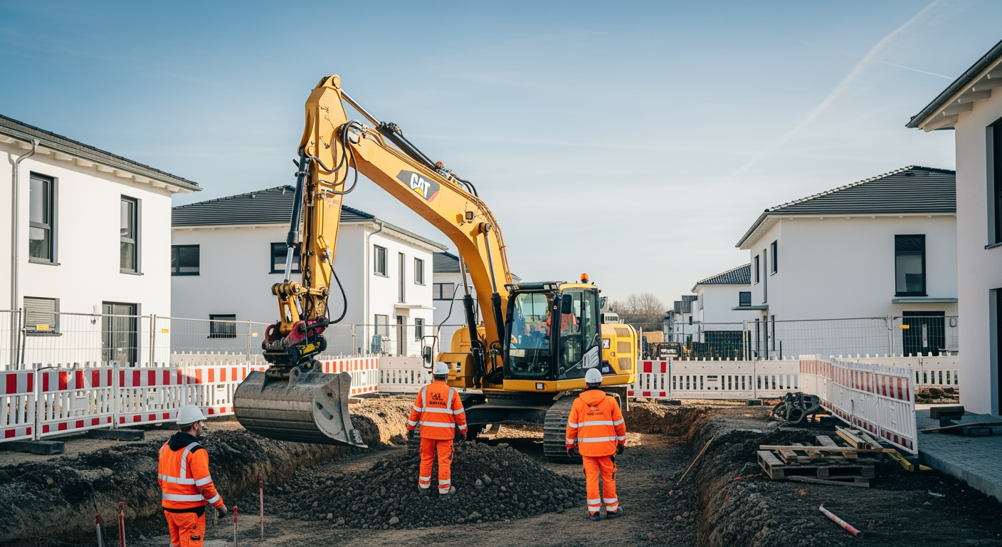 Professional excavation site in residential area, modern excavator digging foundation, workers in high-visibility safety vests and hard hats, newly built houses in background, sunny weather with clear blue sky, German suburban setting, shot with professional DSLR camera, natural daylight, high resolution, realistic construction photography