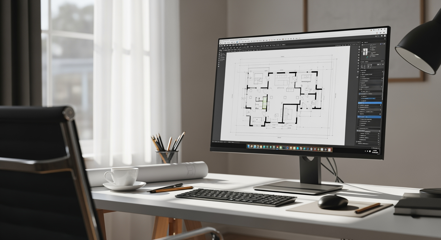 Modern home office setup showing architectural design software on large monitor displaying detailed house floor plan, professional workspace with drawing tools and coffee cup, soft natural lighting from side window, captured with professional camera, photorealistic quality, high definition