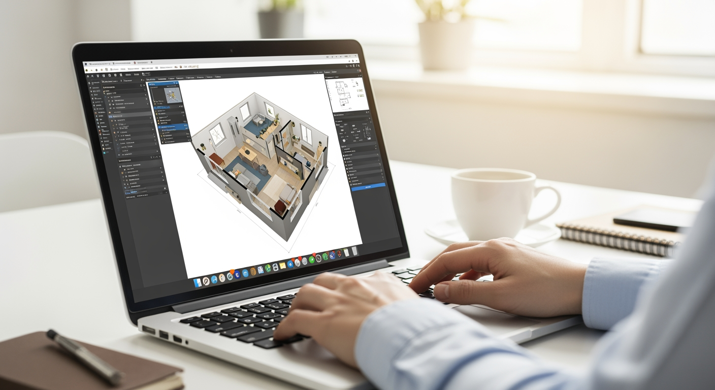 Modern laptop screen showing 3D floor plan software interface with detailed house layout, architectural design tools visible, designer hands on keyboard, bright home office environment, professional workspace photography, high resolution, realistic style