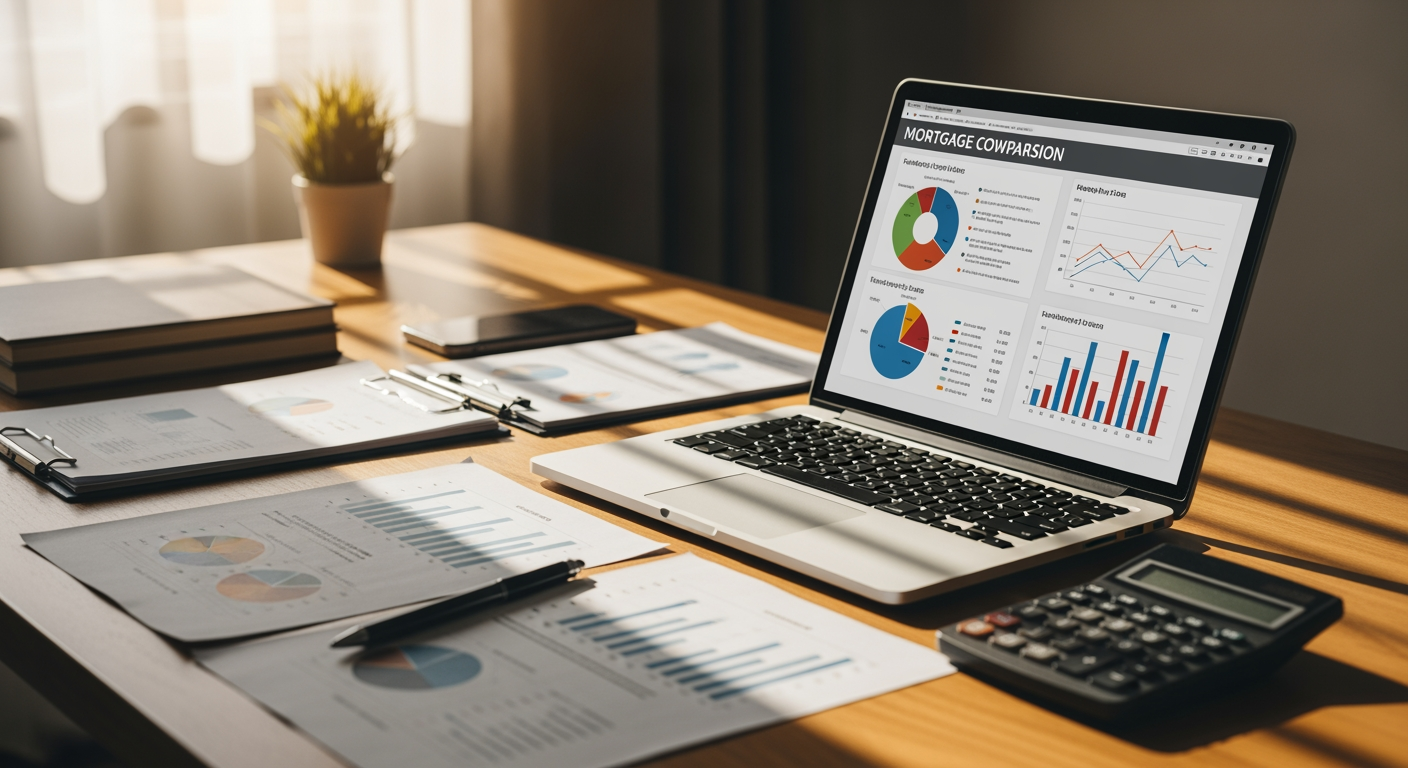 Modern home office setup with laptop displaying mortgage comparison charts, financial documents spread on wooden desk, morning sunlight through window, professional DSLR photography, sharp focus, realistic lighting