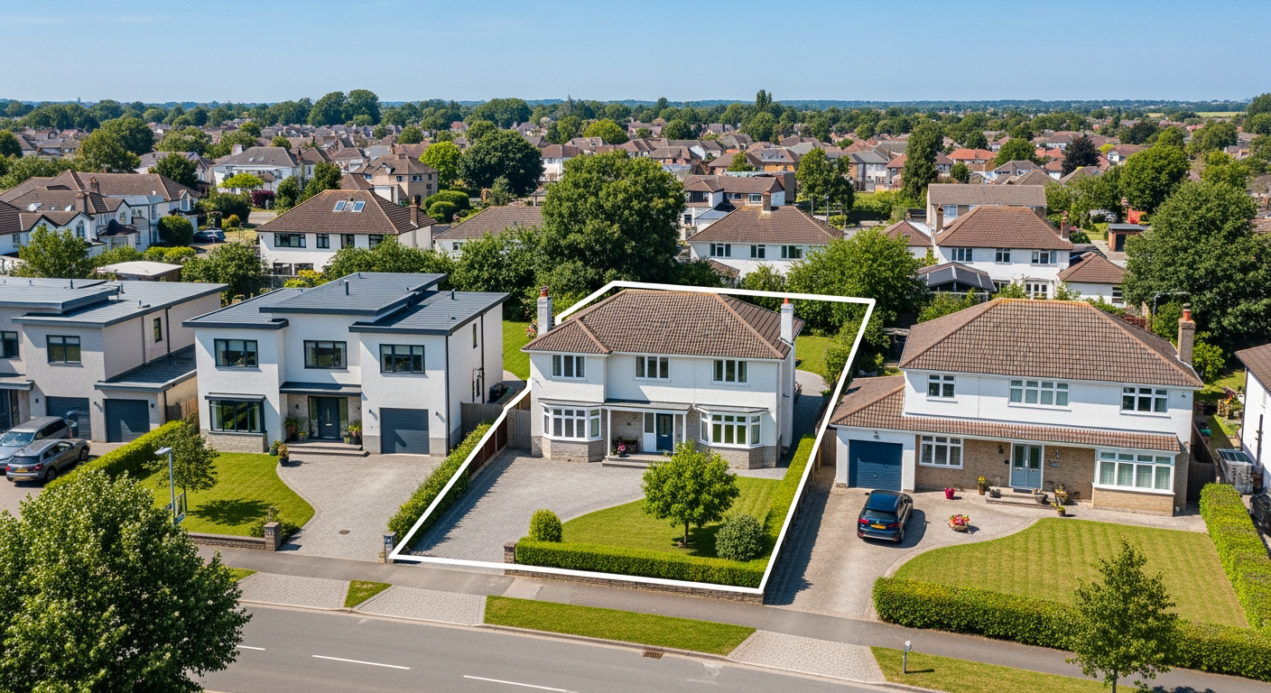 Aerial view of suburban residential area showing various house designs and layouts, diverse architectural styles including bungalows and two-story homes, well-maintained gardens and driveways, bright sunny day with clear sky, professional drone photography, ultra-high resolution, photorealistic quality