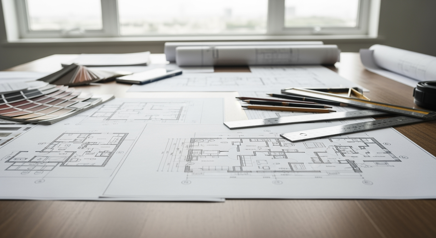 Architectural drafting table with multiple floor plan variations and sketches, pencil annotations, measuring tools, color swatches for interior design, professional architect workspace with natural light, DSLR photography, detailed and realistic, high-resolution
