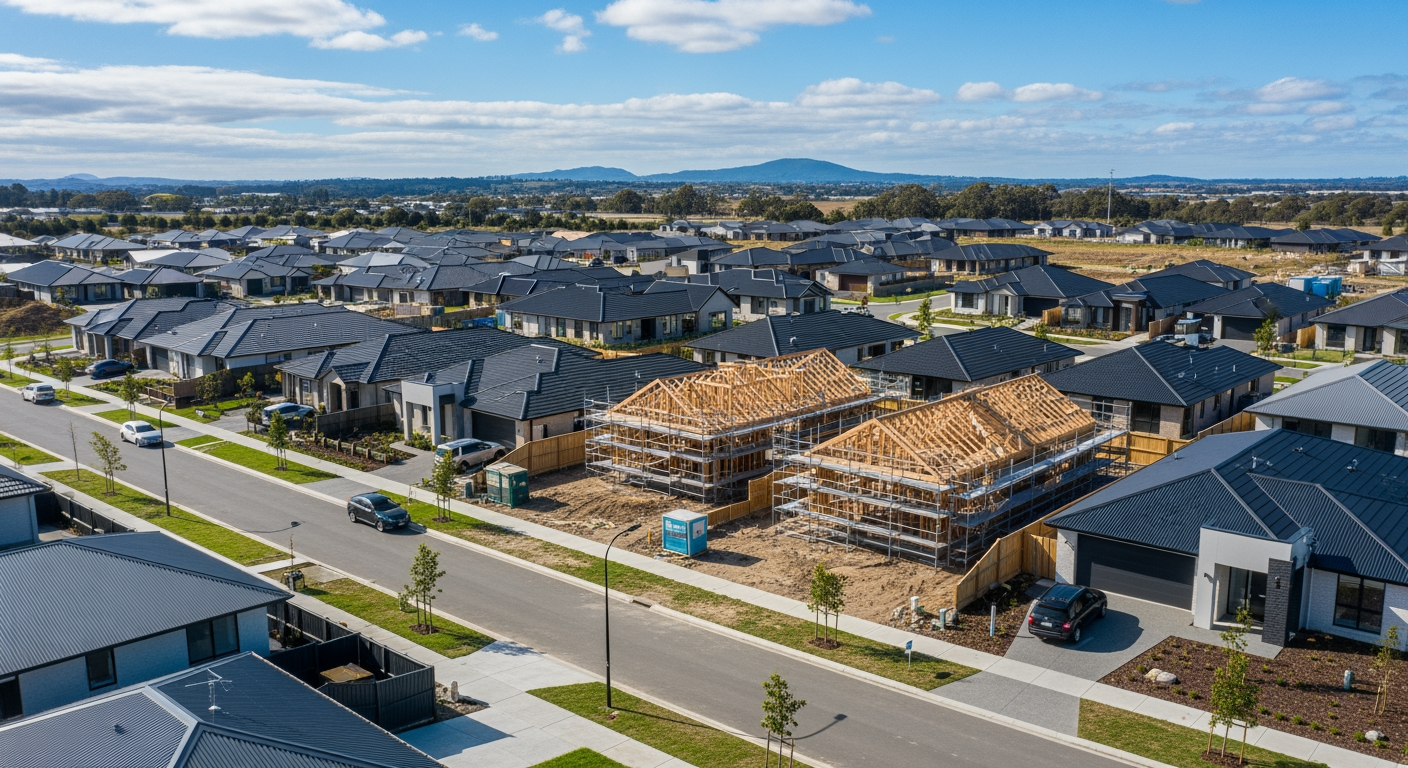 Aerial drone photography of suburban neighborhood with mix of newly constructed homes and houses under construction, bright daylight, professional real estate photography style, high definition, wide angle lens