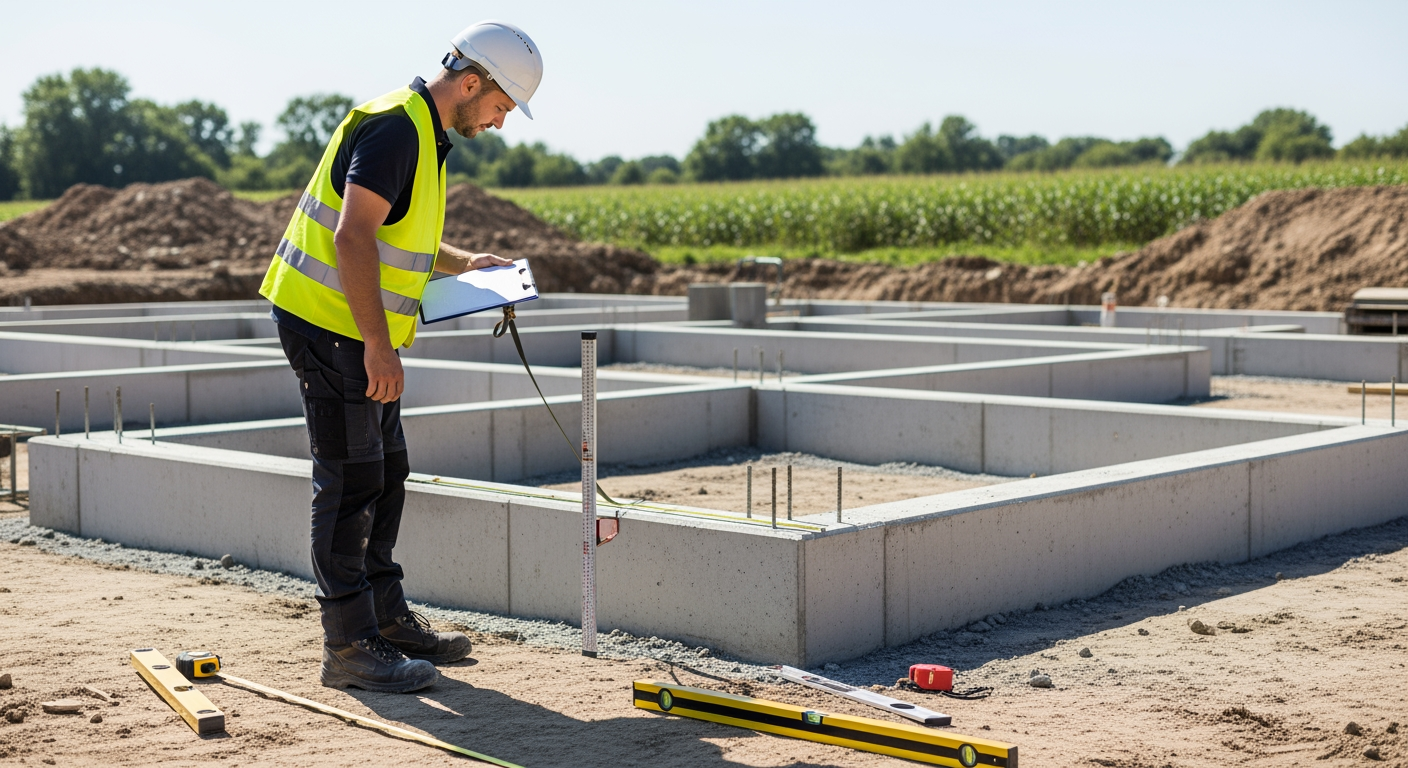 Professional building inspector with clipboard examining completed excavation work, construction site with finished foundation, measurement tools visible, bright daylight, professional work attire with safety equipment, German residential construction setting, DSLR photography, sharp focus, high resolution, documentary style